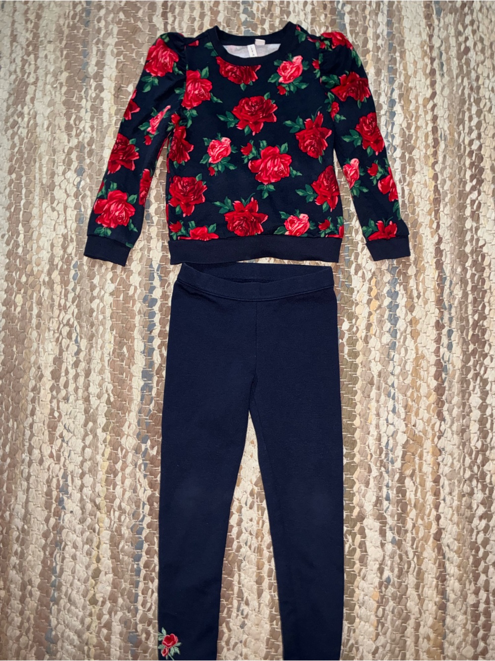 Janie and Jack Black Leggings with Red Rose Floral Top